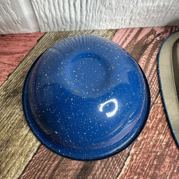 Set of 7 Vintage Blue Speckled Enamelware Graniteware Camp Cup Bowls & Trays - Picture 8 of 13
